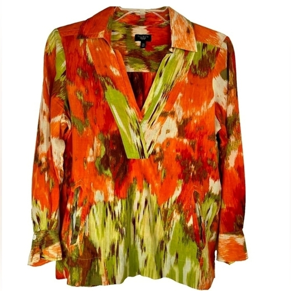 Talbots Colorful Silk Cotton Long Sleeve Abstract Kangaroo Pocket Blouse 24W - Picture 1 of 13